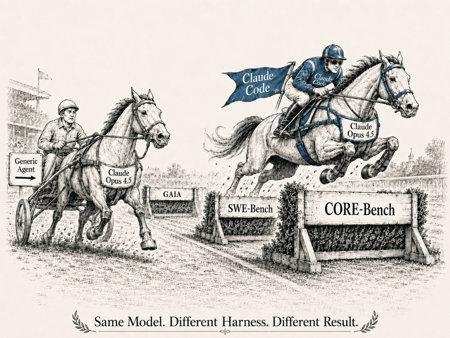 Two horses both labelled Claude Opus 4.5 racing on a steeplechase course. The left horse pulls a sulky labelled Generic Agent and posts a 42% benchmark score. The right horse, ridden by a jockey wearing Claude Code colours, jumps GAIA, SWE-Bench, and CORE-Bench fences and posts 78%. Caption: Same Model. Different Harness. Different Result.