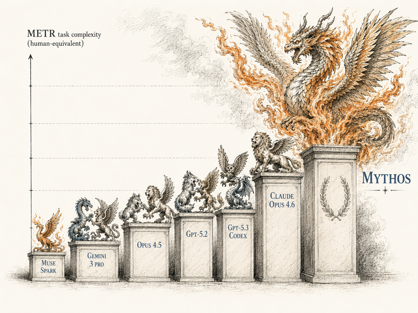 A bestiary of METR task complexity across frontier models — pedestals ascending toward a fire-breathing dragon labeled MYTHOS