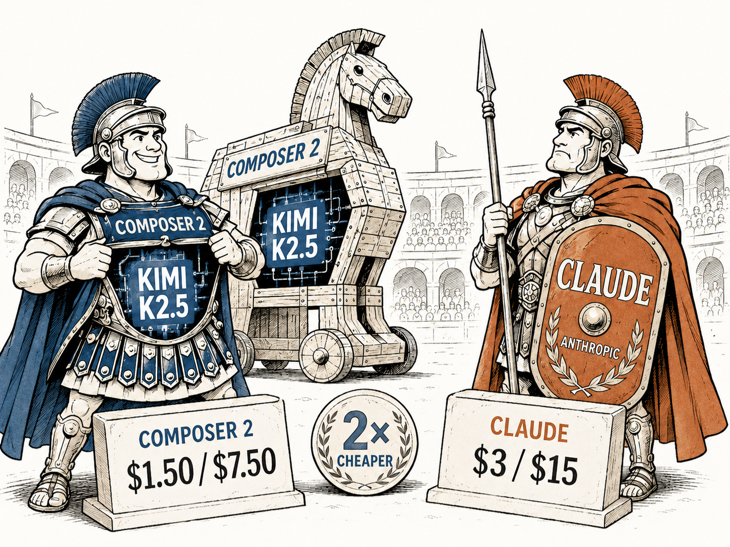 Composer 2 vs Claude — Roman-colosseum illustration of Cursor's Kimi-K2.5-backed model facing Claude with pricing tablets